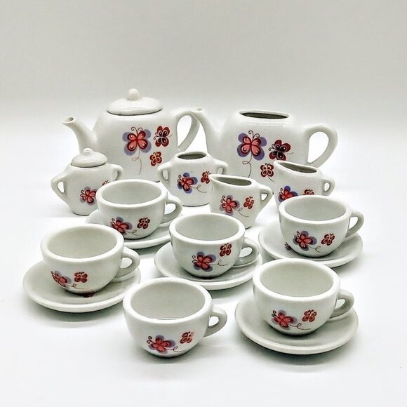 Children's 19-Piece Pink Butterfly Ceramic Tea Set - Picture 1 of 4